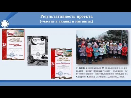 Результативность проекта (участие в акциях и митингах) Митинг, посвященный 25-ой годовщине со