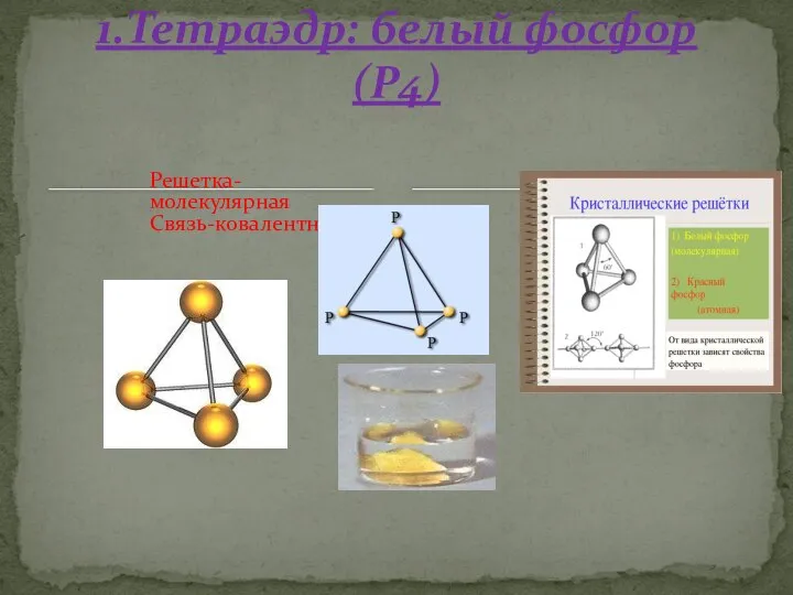 1.Тетраэдр: белый фосфор (Р4) Решетка-молекулярная Связь-ковалентная.