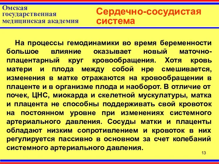 Омская государственная медицинская академия Сердечно-сосудистая система На процессы гемодинамики во время беременности