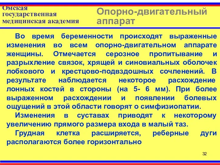 Омская государственная медицинская академия Опорно-двигательный аппарат Во время беременности происходят выраженные изменения