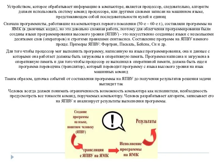 Устройством, которое обрабатывает информацию в компьютере, является процессор, следовательно, алгоритм должен использовать