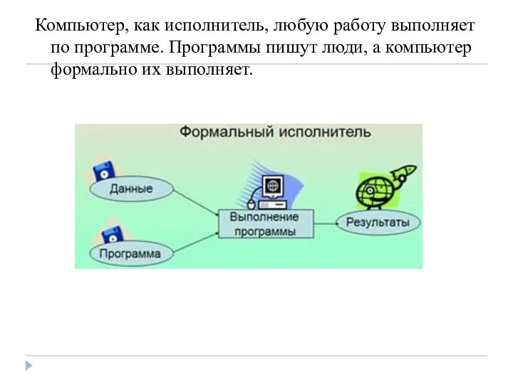 Компьютер, как исполнитель, любую работу выполняет по программе. Программы пишут люди, а компьютер формально их выполняет.