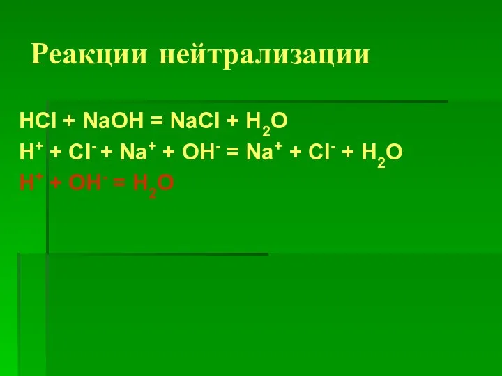 Реакции нейтрализации HCl + NaOH = NaCl + H2O H+ + Cl-