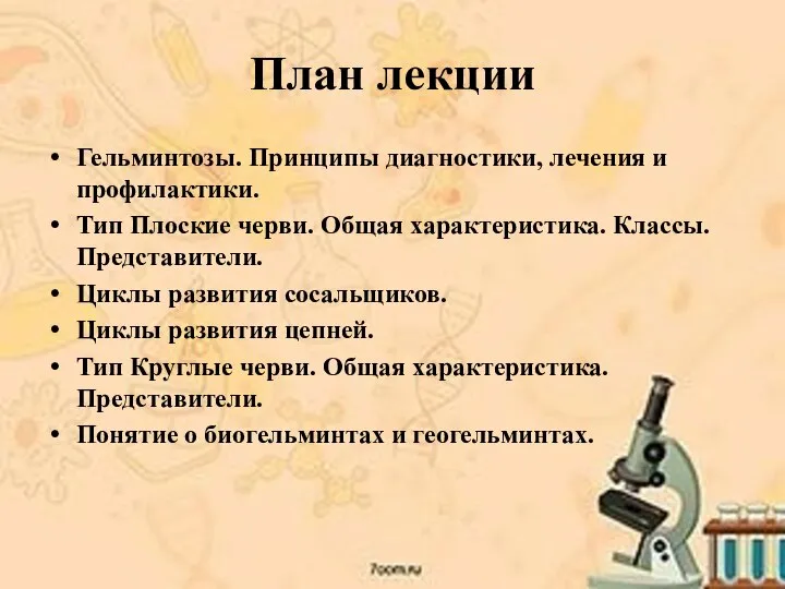 План лекции Гельминтозы. Принципы диагностики, лечения и профилактики. Тип Плоские черви. Общая