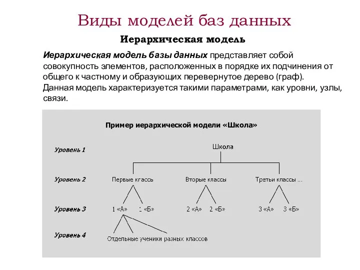Пример иерархической модели «Школа» Виды моделей баз данных Иерархическая модель базы данных