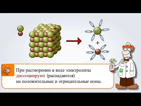 + При растворении в воде электролиты диссоциируют (распадаются) на положительные и отрицательные ионы.