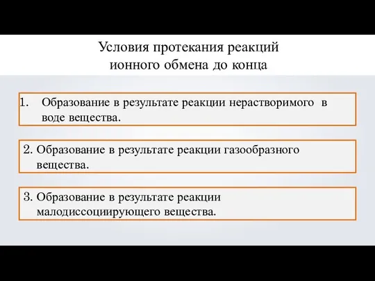 Условия протекания реакций ионного обмена до конца Образование в результате реакции нерастворимого