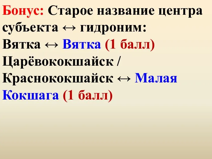 Бонус: Старое название центра субъекта ↔ гидроним: Вятка ↔ Вятка (1 балл)