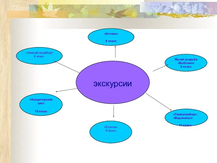 «Ёлочка» 9 класс экскурсии Музей-усадьба «Боблово» 8 класс «Термоприбор», «Водоканал» 11 класс