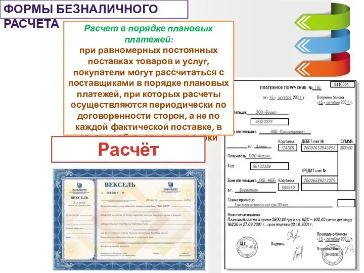 ФОРМЫ БЕЗНАЛИЧНОГО РАСЧЕТА Расчет в порядке плановых платежей: при равномерных постоянных поставках