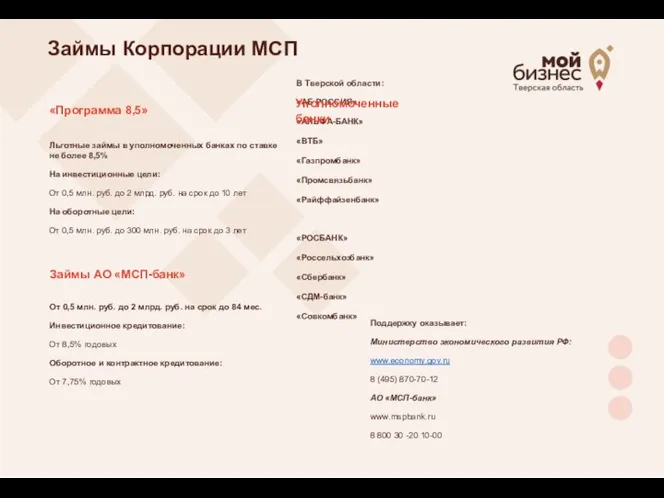 Займы Корпорации МСП В Тверской области: «АБ РОССИЯ» «АЛЬФА-БАНК» «ВТБ» «Газпромбанк» «Промсвязьбанк»