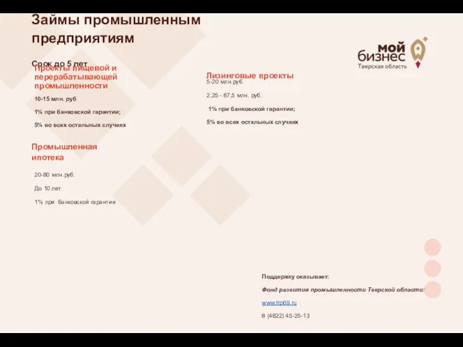 Займы промышленным предприятиям Срок до 5 лет 5-20 млн.руб. 2,25 - 67,5