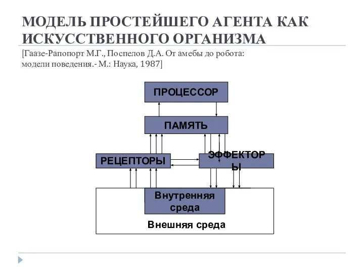 МОДЕЛЬ ПРОСТЕЙШЕГО АГЕНТА КАК ИСКУССТВЕННОГО ОРГАНИЗМА [Гаазе-Рапопорт М.Г., Поспелов Д.А. От амебы