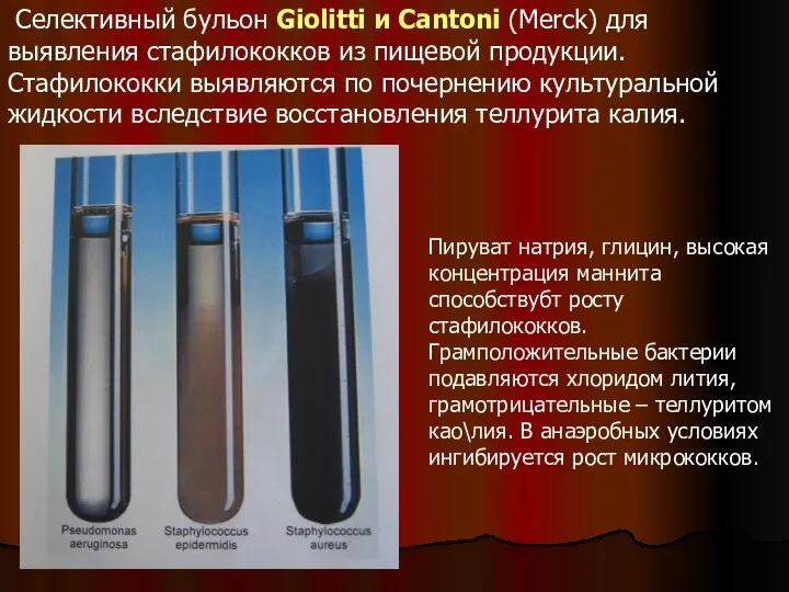 Селективный бульон Giolitti и Cantoni (Merck) для выявления стафилококков из пищевой продукции.