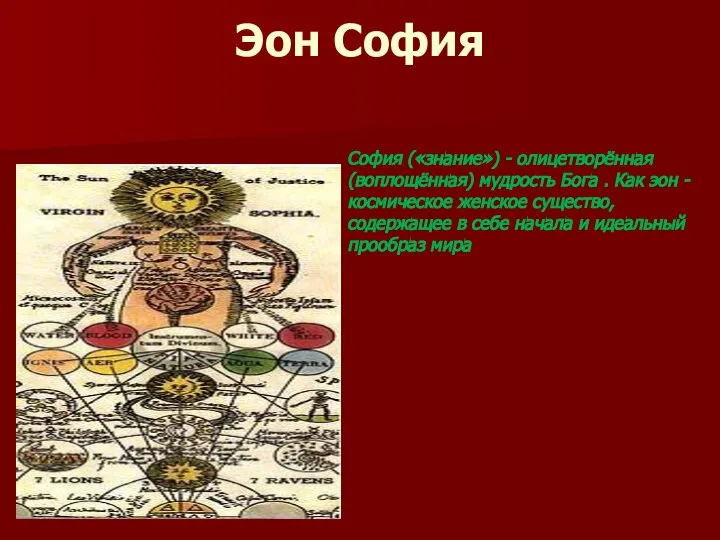 Эон София София («знание») - олицетворённая (воплощённая) мудрость Бога . Как эон