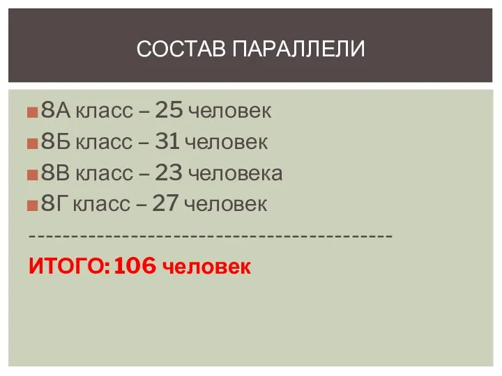 СОСТАВ ПАРАЛЛЕЛИ 8А класс – 25 человек 8Б класс – 31 человек