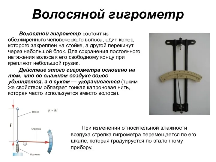 Волосяной гигрометр состоит из обезжиренного человеческого волоса, один конец которого закреплен на