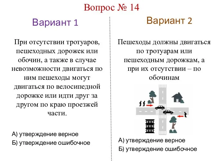 Вариант 1 Вариант 2 Вопрос № 14 Пешеходы должны двигаться по тротуарам