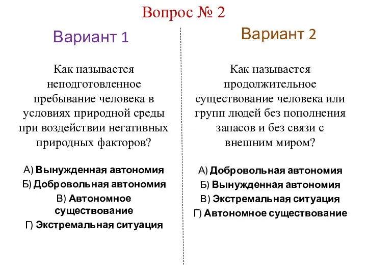 Вариант 1 Вариант 2 Вопрос № 2 А) Вынужденная автономия Б) Добровольная