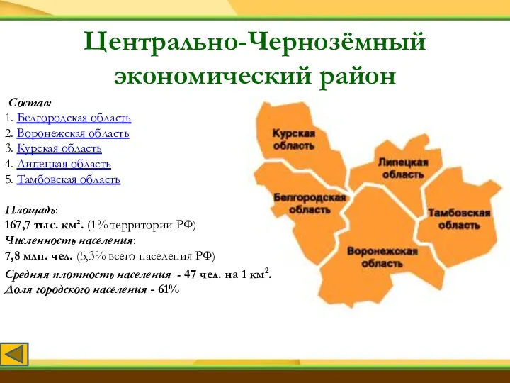 Состав: 1. Белгородская область 2. Воронежская область 3. Курская область 4. Липецкая