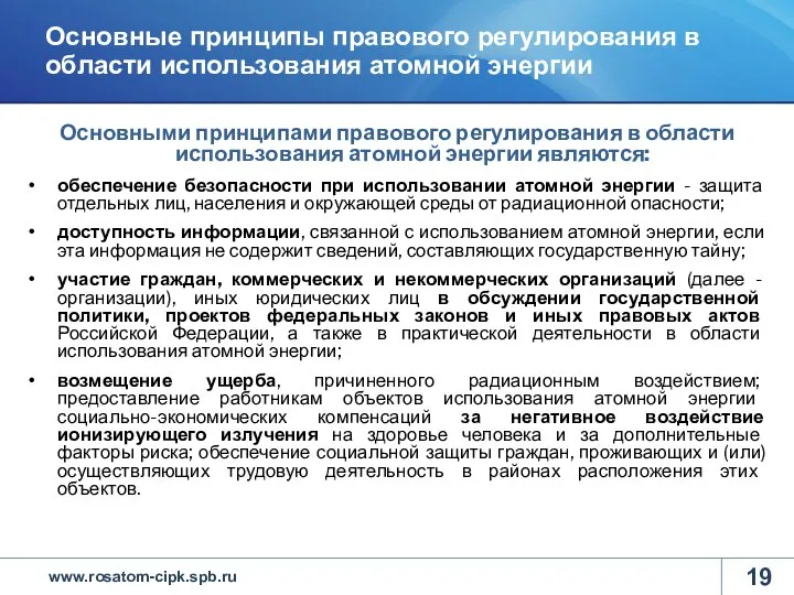 Основными принципами правового регулирования в области использования атомной энергии являются: обеспечение безопасности