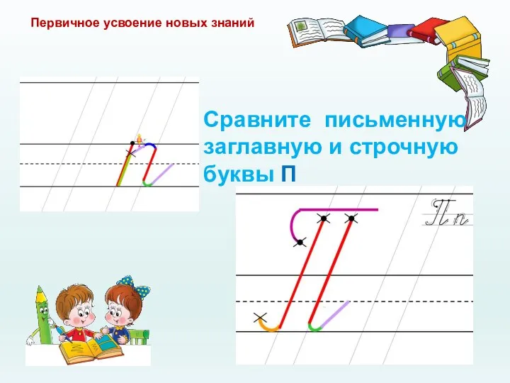 Первичное усвоение новых знаний Сравните письменную заглавную и строчную буквы П