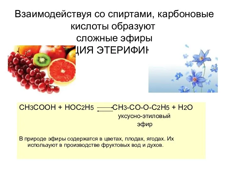 Взаимодействуя со спиртами, карбоновые кислоты образуют сложные эфиры (РЕАКЦИЯ ЭТЕРИФИКАЦИИ) CH3COOH +