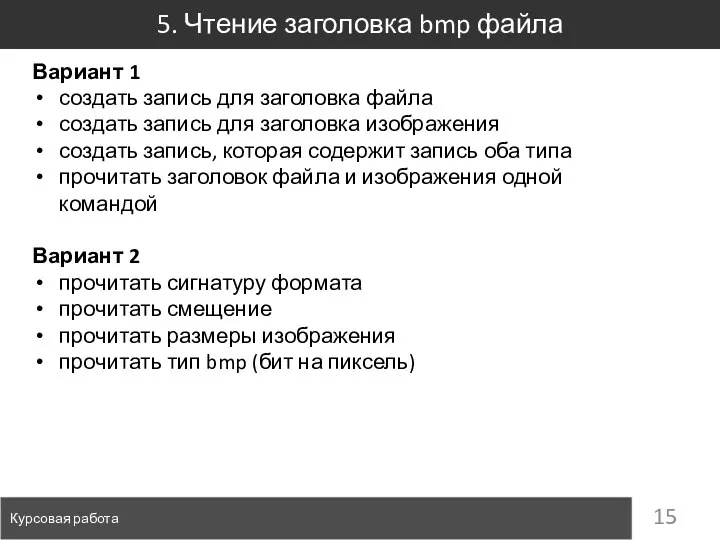 5. Чтение заголовка bmp файла Курсовая работа Вариант 1 создать запись для