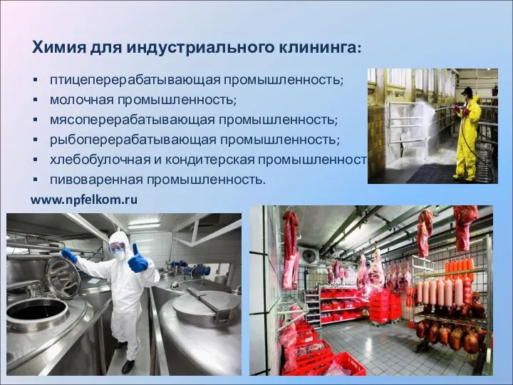 Химия для индустриального клининга: птицеперерабатывающая промышленность; молочная промышленность; мясоперерабатывающая промышленность; рыбоперерабатывающая промышленность;