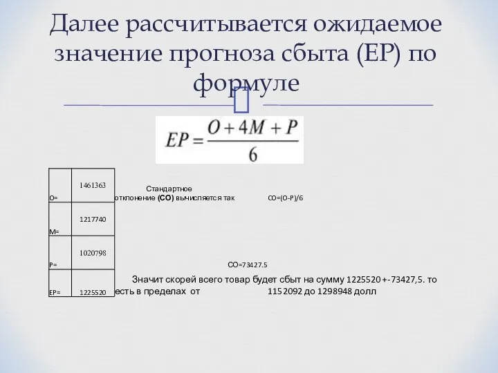 Далее рассчитывается ожидаемое значение прогноза сбыта (ЕР) по формуле