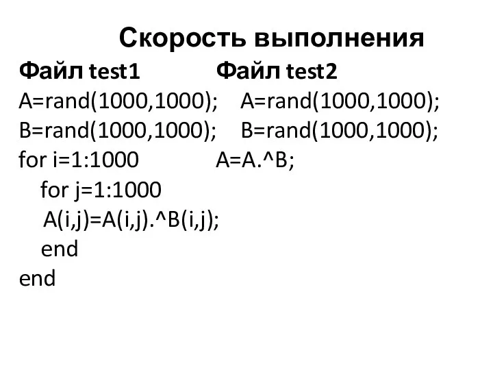 Скорость выполнения Файл test1 Файл test2 A=rand(1000,1000); A=rand(1000,1000); B=rand(1000,1000); B=rand(1000,1000); for i=1:1000