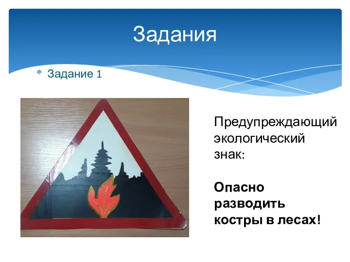 Задание 1 Задания Предупреждающий экологический знак: Опасно разводить костры в лесах!