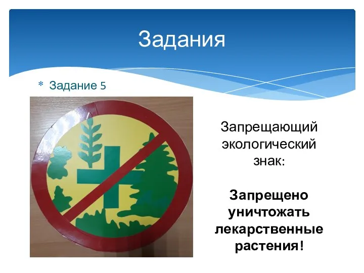 Задание 5 Задания Запрещающий экологический знак: Запрещено уничтожать лекарственные растения!
