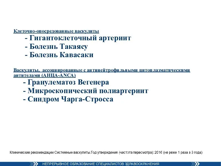 Клеточно-опосредованные васкулиты - Гигантоклеточный артериит - Болезнь Такаясу - Болезнь Кавасаки Васкулиты,