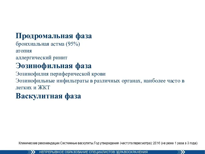 Продромальная фаза бронхиальная астма (95%) атопия аллергический ринит Эозинофильная фаза Эозинофилия периферической