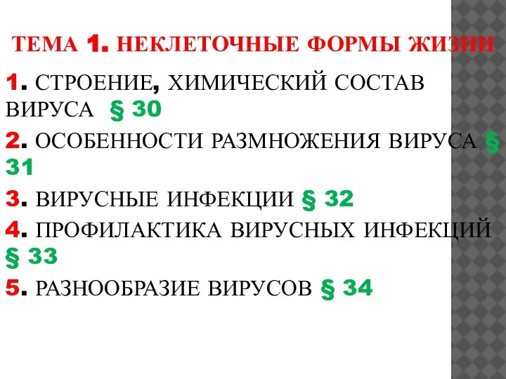 ТЕМА 1. НЕКЛЕТОЧНЫЕ ФОРМЫ ЖИЗНИ 1. СТРОЕНИЕ, ХИМИЧЕСКИЙ СОСТАВ ВИРУСА § 30