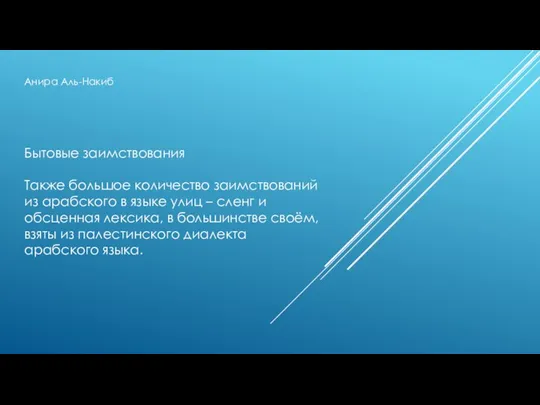 Анира Аль-Накиб Бытовые заимствования Также большое количество заимствований из арабского в языке