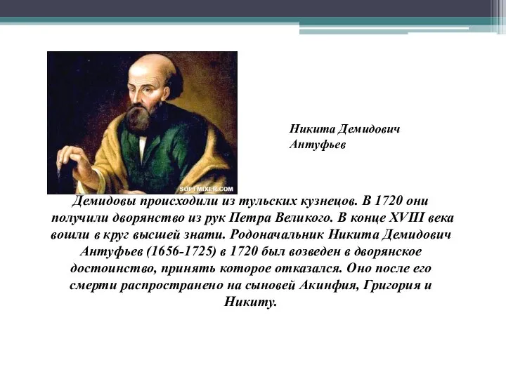 Демидовы происходили из тульских кузнецов. В 1720 они получили дворянство из рук