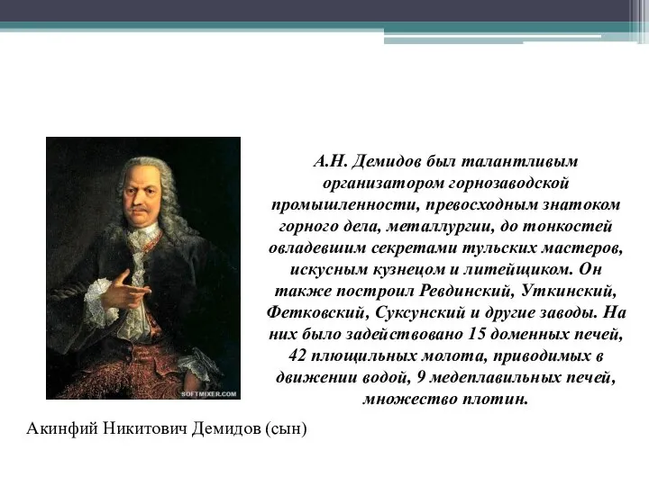 А.Н. Демидов был талантливым организатором горнозаводской промышленности, превосходным знатоком горного дела, металлургии,