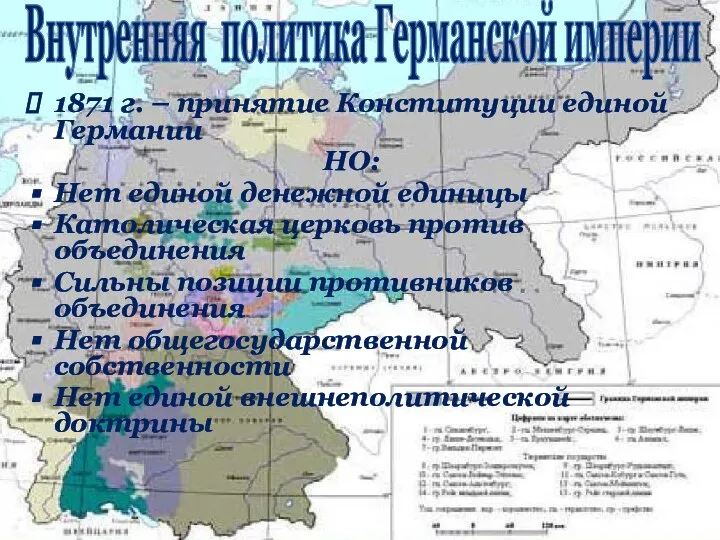 1871 г. – принятие Конституции единой Германии НО: Нет единой денежной единицы