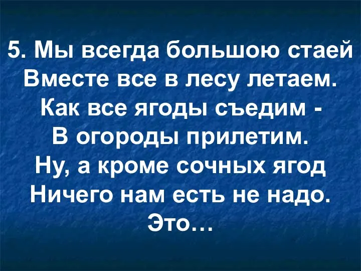 5. Мы всегда большою стаей Вместе все в лесу летаем. Как все