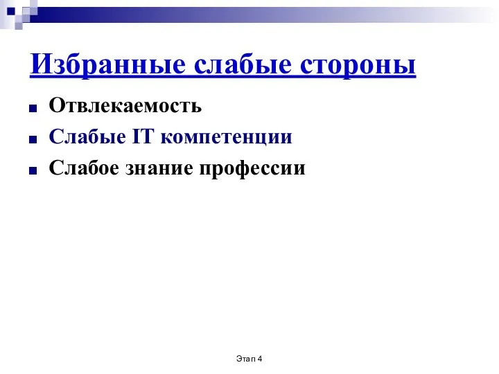 Этап 4 Избранные слабые стороны Отвлекаемость Слабые IT компетенции Слабое знание профессии