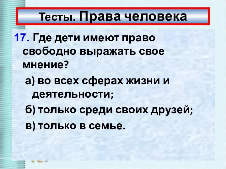 Тесты. Права человека 17. Где дети имеют право свободно выражать свое мнение?