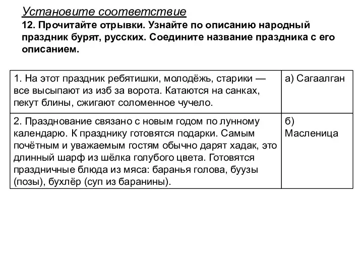 Установите соответствие 12. Прочитайте отрывки. Узнайте по описанию народный праздник бурят, русских.