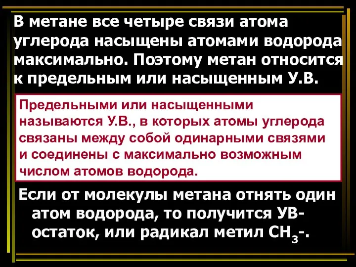 В метане все четыре связи атома углерода насыщены атомами водорода максимально. Поэтому