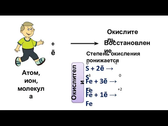 Атом, ион, молекула + ē Восстановление Степень окисления понижается S + 2ē