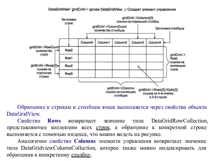 Обращение к строкам и столбцам ячеек выполня­ется через свойства объекта DataGridView. Свойство