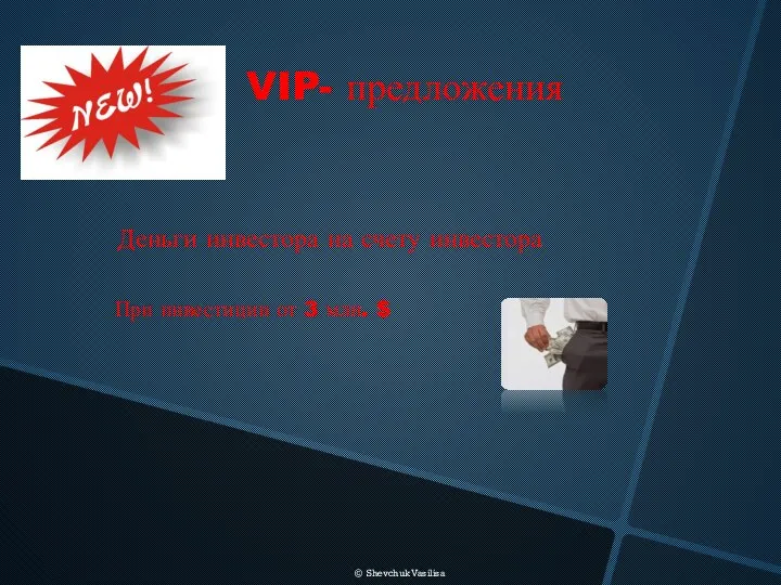 Деньги инвестора на счету инвестора При инвестиции от 3 млн. $ VIP- предложения © Shevchuk Vasilisa