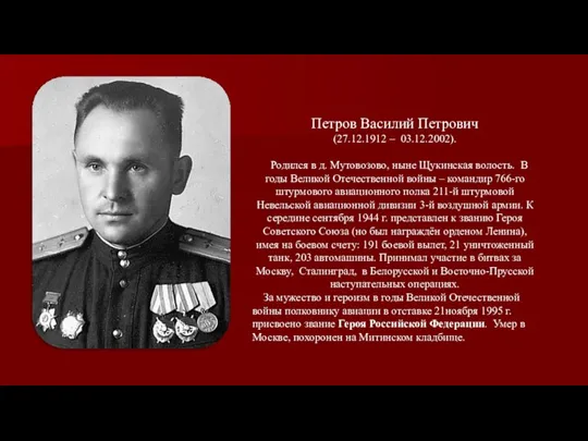 Петров Василий Петрович (27.12.1912 – 03.12.2002). Родился в д. Мутовозово, ныне Щукинская