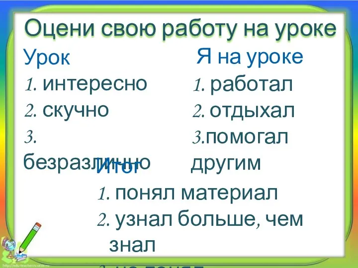 Оцени свою работу на уроке Урок 1. интересно 2. скучно 3.безразлично Итог